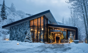 Holiday lodge in countryside winter setting